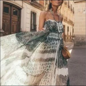 GREEN PAISLEY PRINT STRAPPY LONG FLOWING DRESS